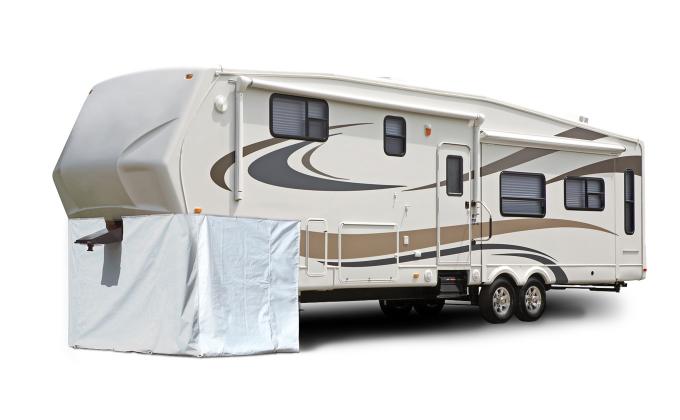 Adco Covers 3503, Fifth Wheel Skirt, 296 Inch Length x 64 Inch Height, Polar White, Laminated Vinyl, With Zipper Doors For Storage Access, Includes Skirting/ Screw-In Fasteners And Tent Spikes, Snap Mount