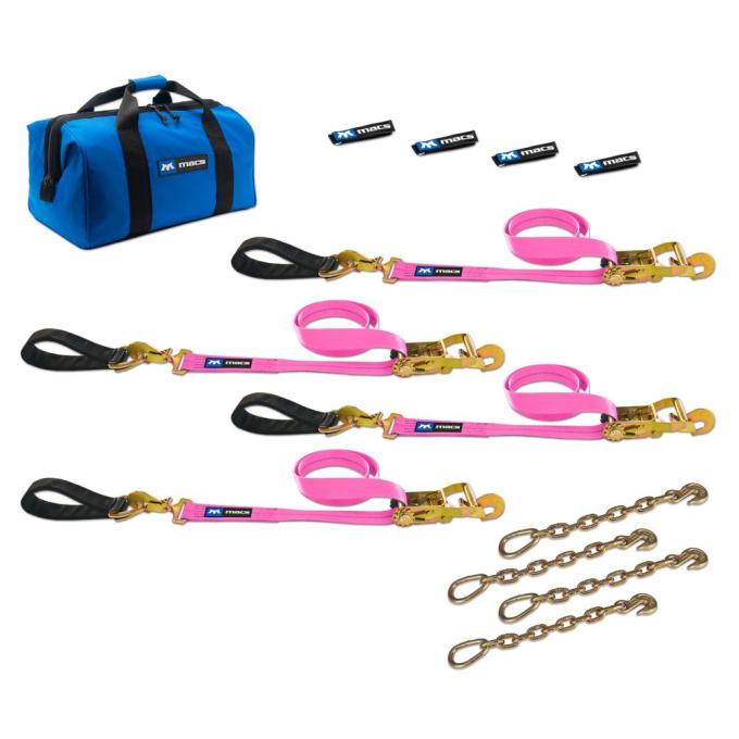 Race Ramps 2 x 8 Ultra Pack Tie-Down Straps with Detachable Axle Straps, Direct Hook Ends & Chain Extensions - Pink 519228